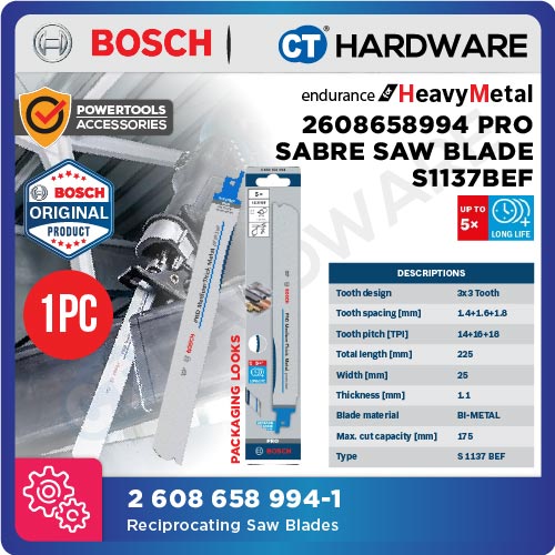 Bosch PRO 2608658994 S1137BEF Medium-Thick Metal Precise Reciprocating Saw Blade 1.1 x 25 x 225mm (5pcs)