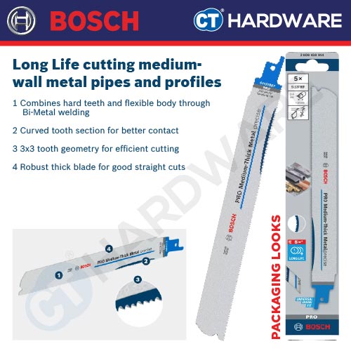 Bosch PRO 2608658994 S1137BEF Medium-Thick Metal Precise Reciprocating Saw Blade 1.1 x 25 x 225mm (5pcs)