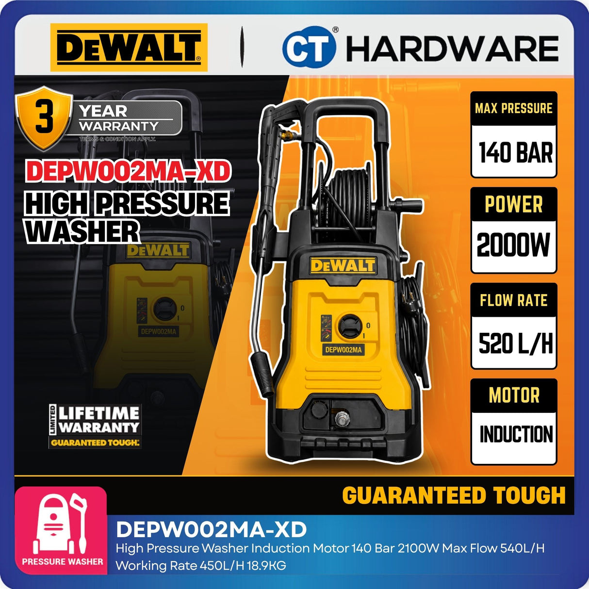 DEWALT DEPW002MA-XD High Pressure Washer | 140 Bar | 2100W Induction Motor | 540L/H Max Flow