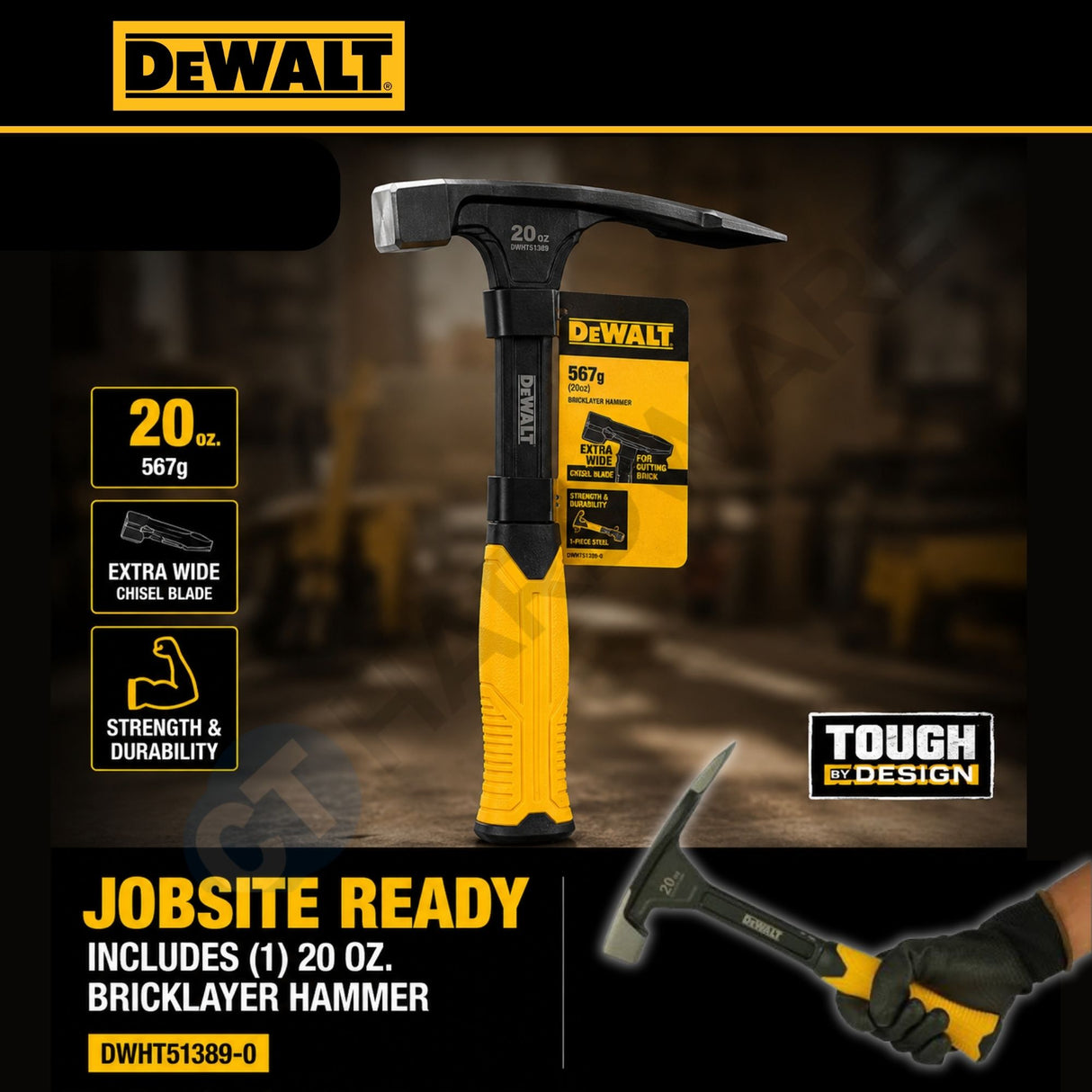 DEWALT DWHT51389-0 20oz Bricklayer Hammer | One-Piece Steel Masonry Hammer with Extra-Wide Chisel Blade