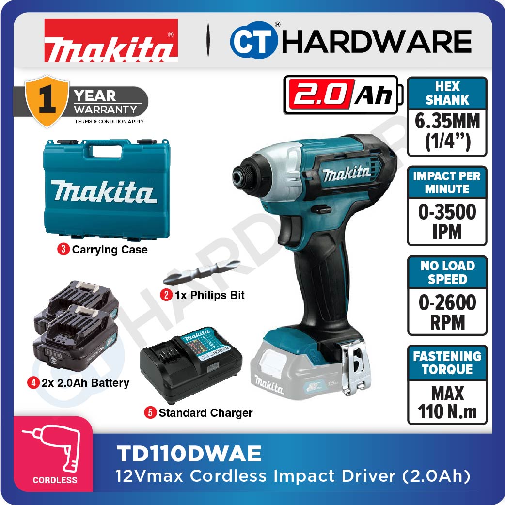 Makita TD110DWAE CXT 12Vmax Cordless Impact Driver 1/4" 110NM Incl. 2x 2.0Ah Battery, 1x Charger