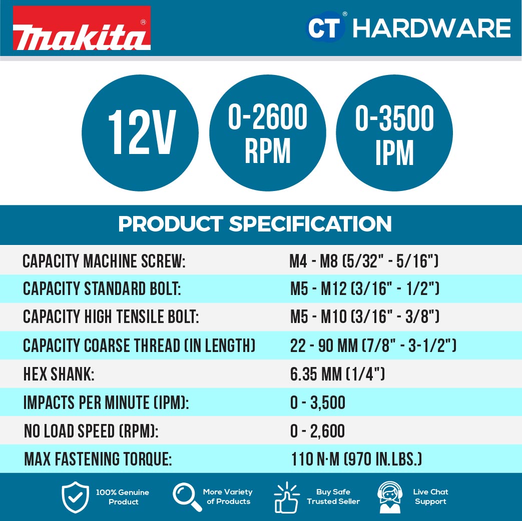 Makita TD110DZ CXT 12Vmax Cordless Impact Driver 1/4" 110NM (Body Only)
