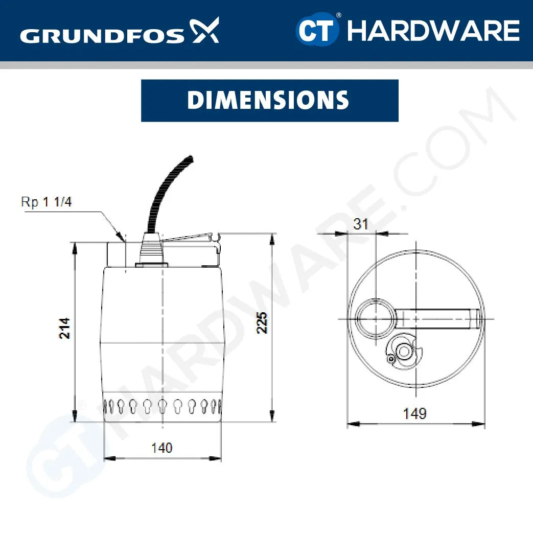 Grundfos UNILIFT KP.150 Stainless Steel Submersible Drainage Pump 0.15kW