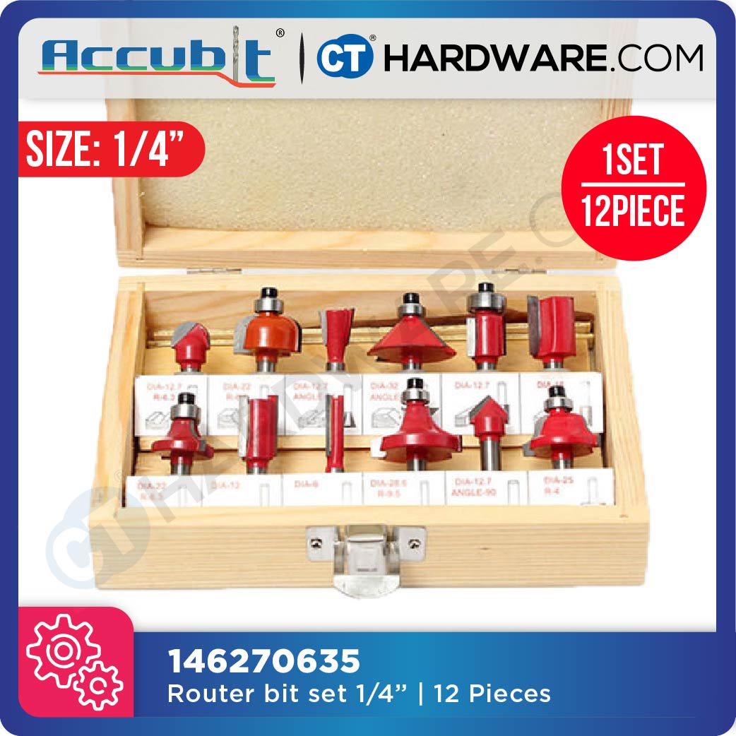 Accubit 146270635 Router Bit Set 12pcs 6.35mm (1/4")