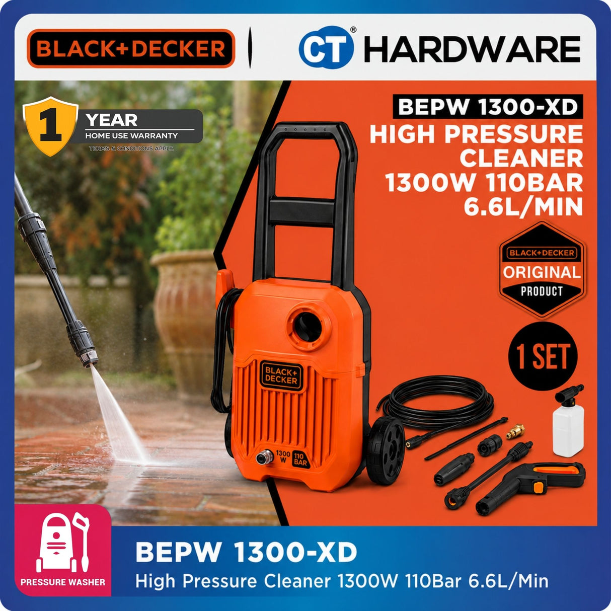 BLACK+DECKER BEPW1300-XD High Pressure Cleaner | 1300W | 110 Bar | 6.6L/min | Compact Electric Pressure Washer