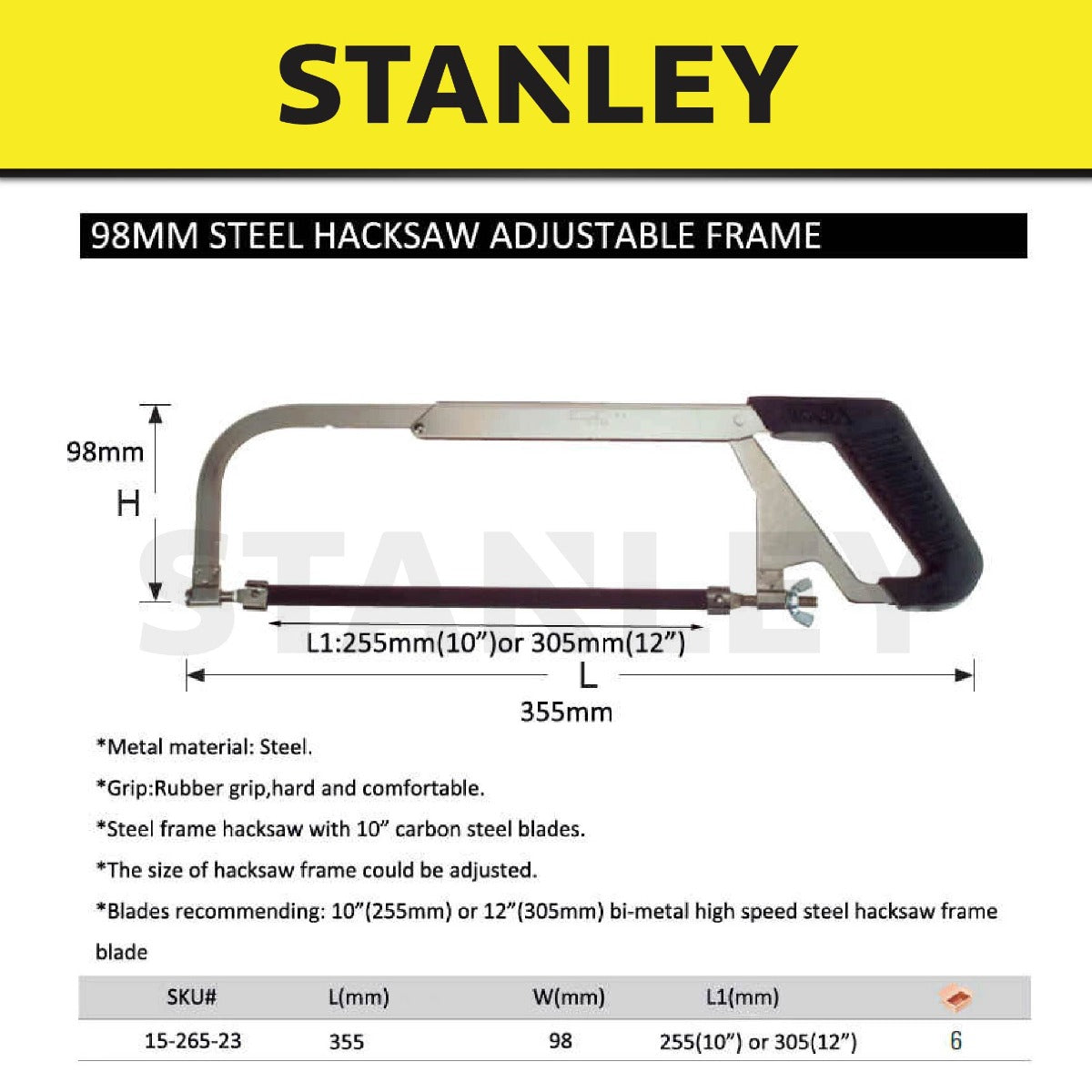 Stanley 15-265-S Rubber Grip Hacksaw 10" & 12" (Adjustable Blade)