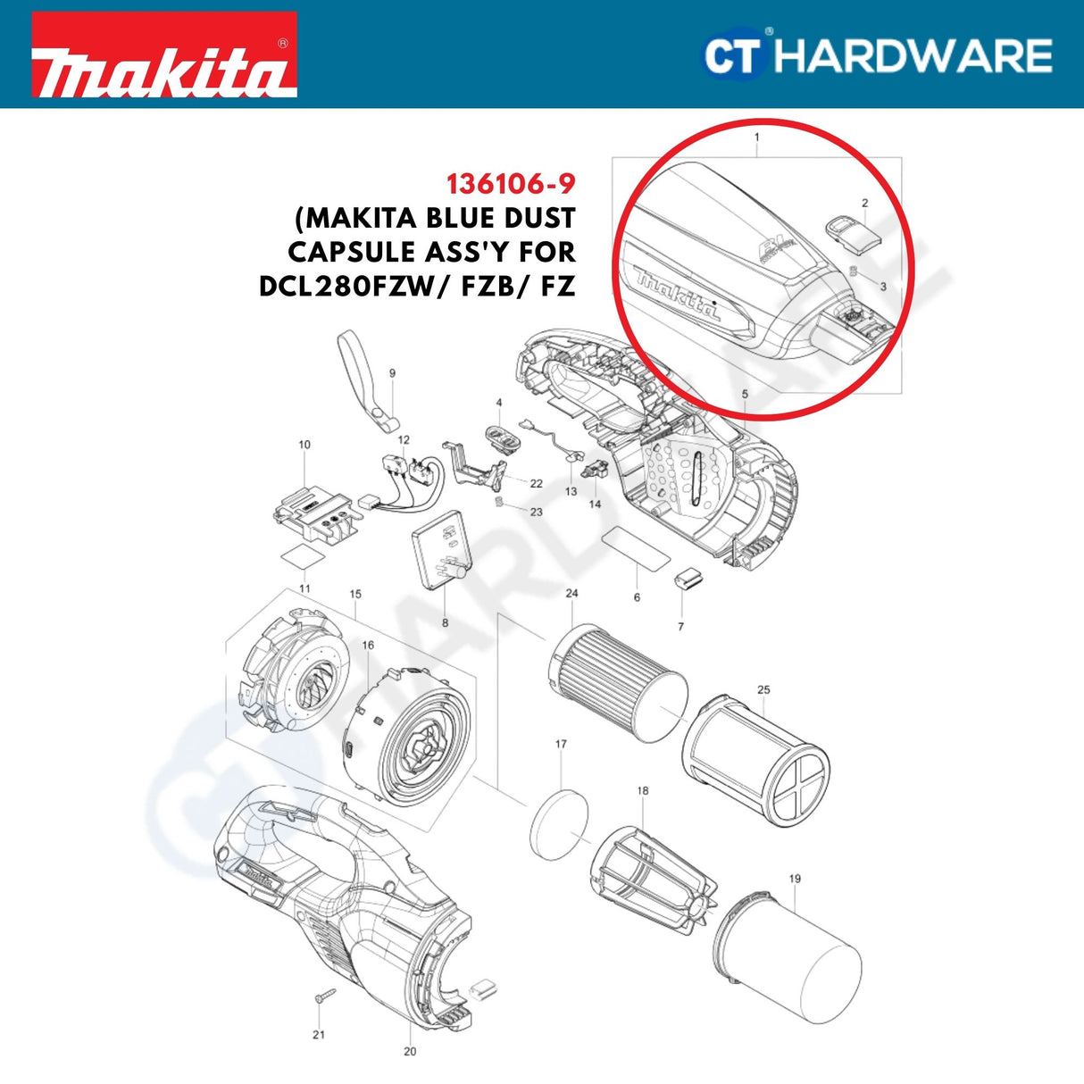 Makita 136106-9 Dust Capsule Assembly Blue for DCL280FZW FZB / FZ