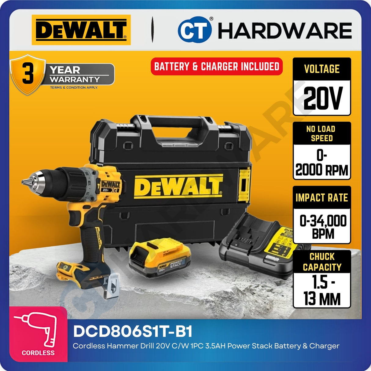 DEWALT DCD806S1T-B1 20V MAX XR Cordless Hammer Drill with 3.5Ah POWERSTACK Battery & Charger