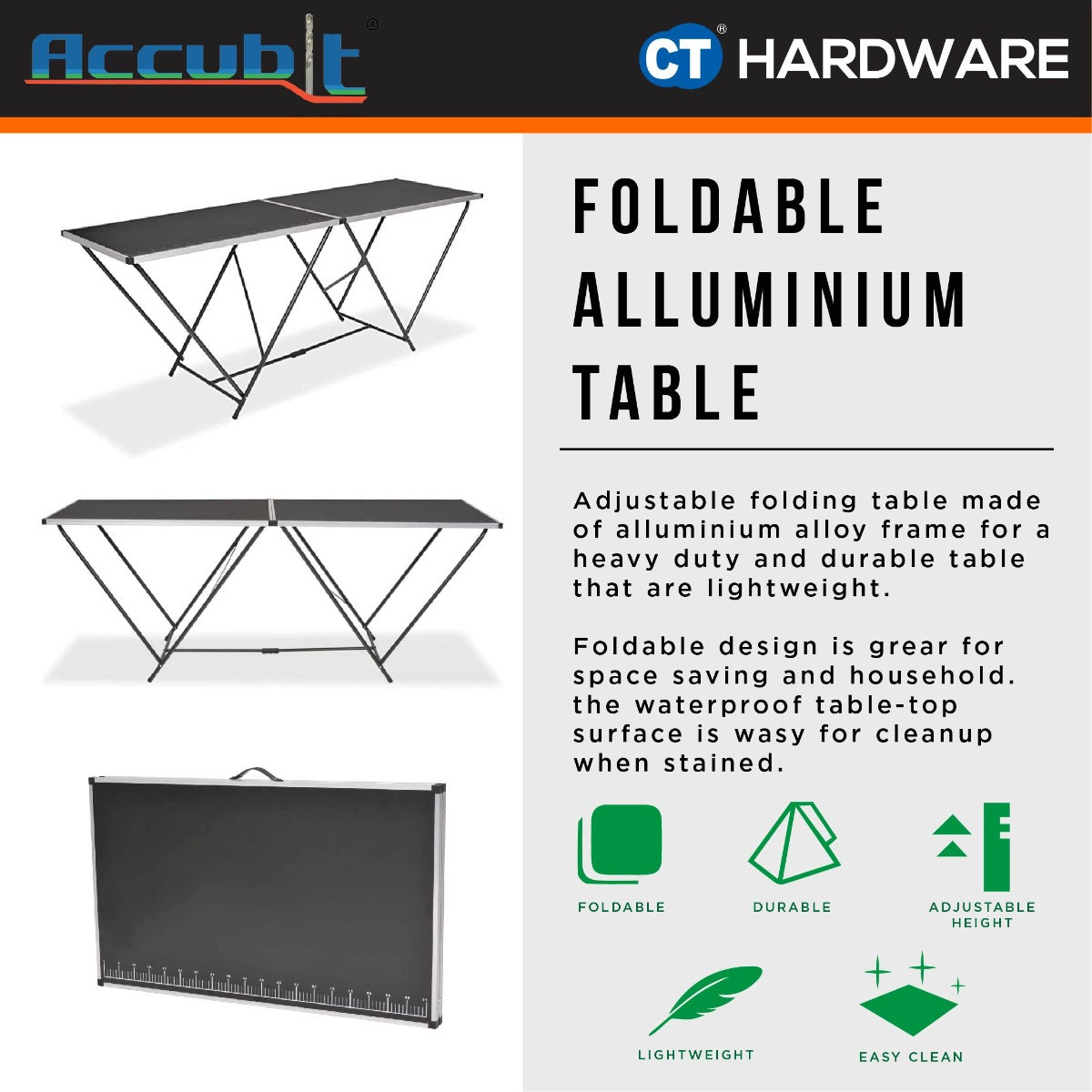 ACCUBIT 181012A ALLUMINIUM FOLDING TABLE 300 X 60 X 80 CM