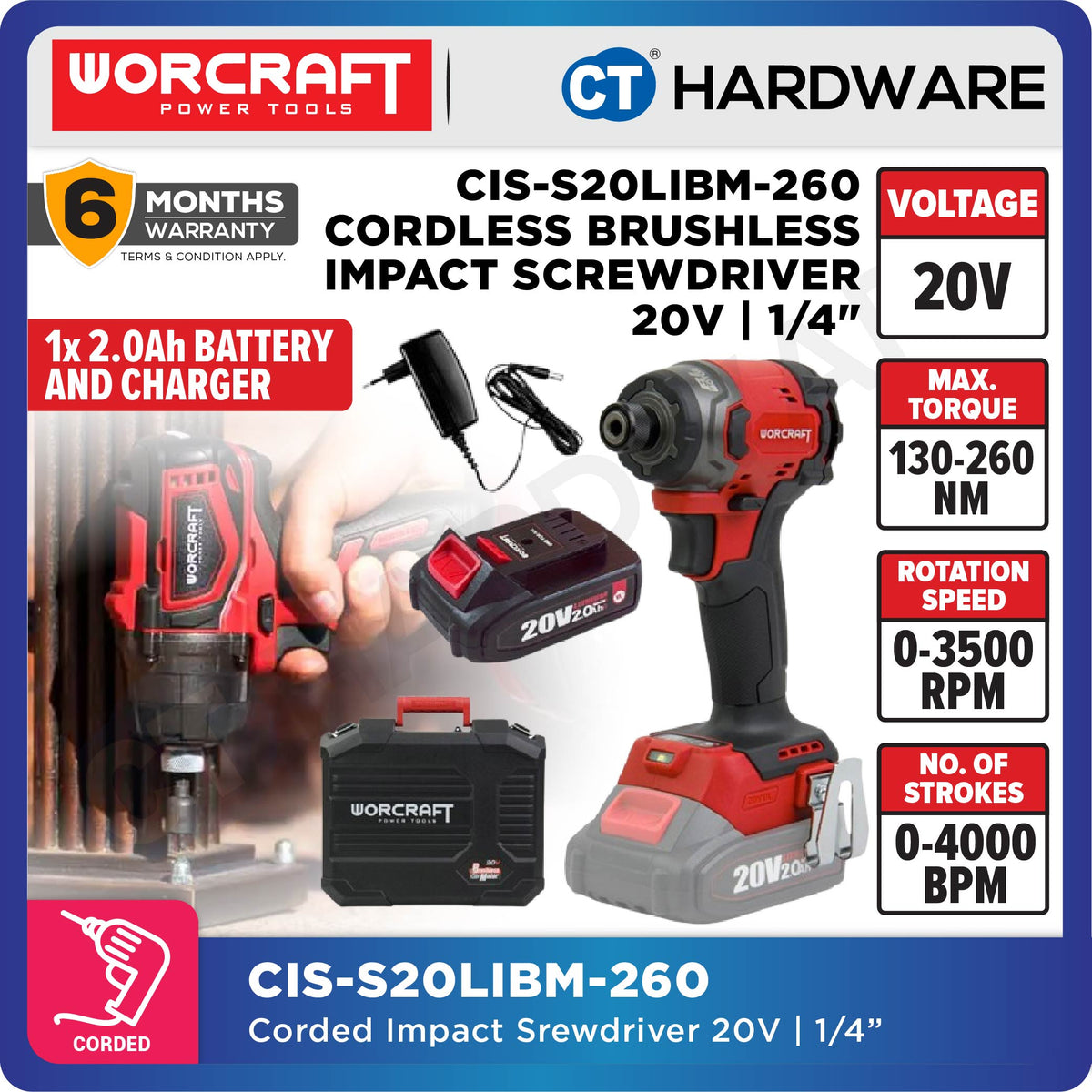 Worcraft CIS-S20LiB-260 20V Cordless Brushless Impact Screwdriver 1/4" 100/260Nm