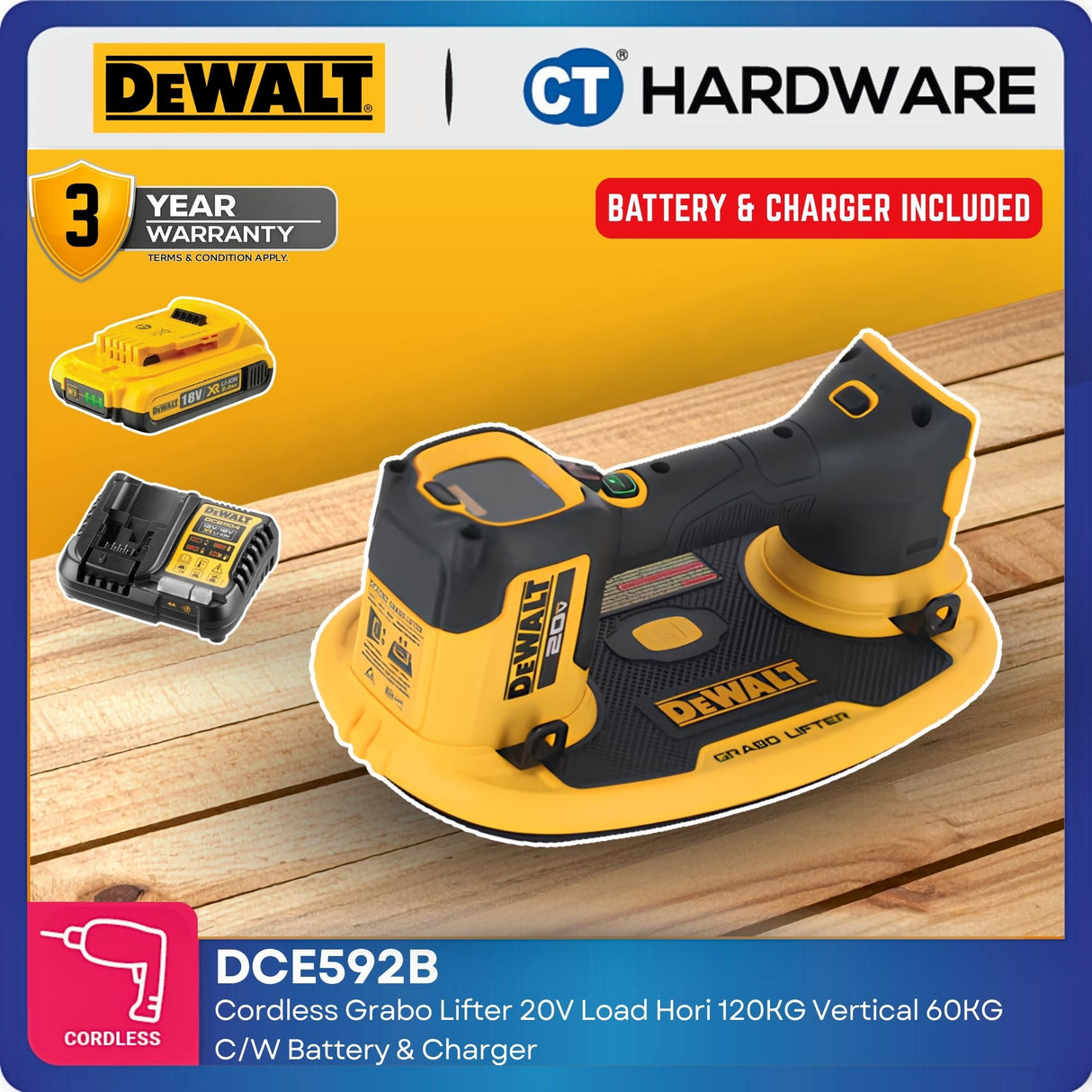 DEWALT DCE592B 20V MAX Cordless GRABO Vacuum Lifter with DCB183 2.0Ah Battery & DCB1104 Charger