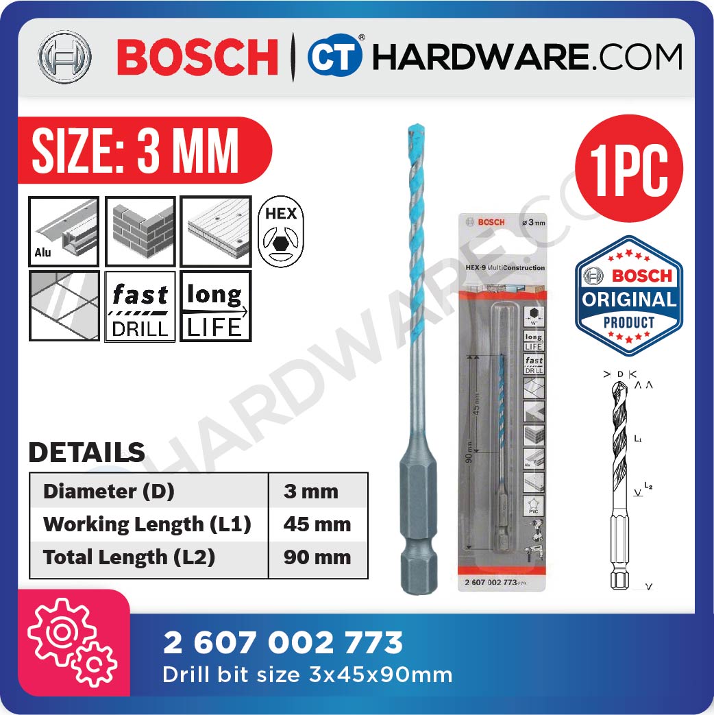 BOSCH HEX-9 MULTI CONSTRUCTION DRILL BIT SIZE 3 MM TO 12 MM - 1PC