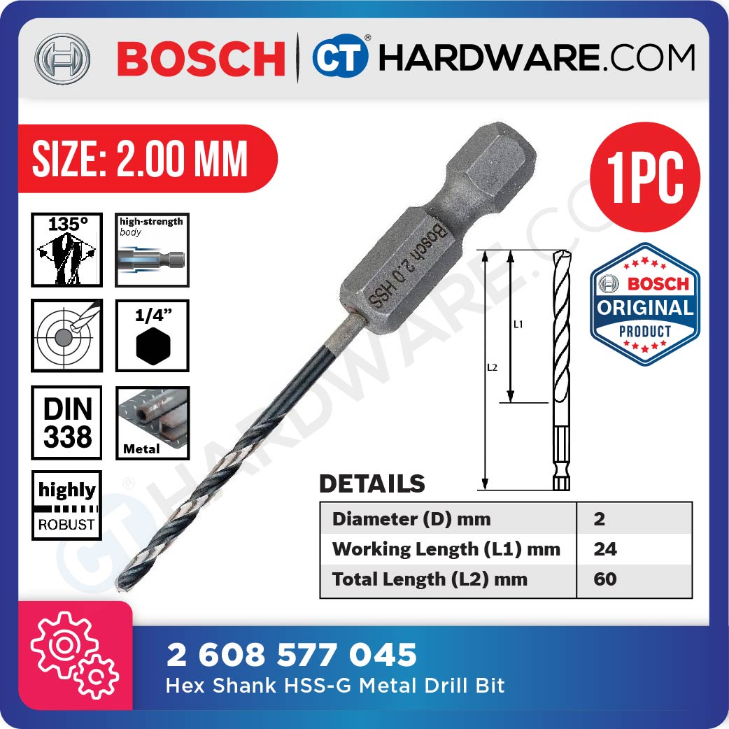 Bosch Impact Control Hex Shank HSS-G Metal Drill Bit 1/4" 2mm - 8mm