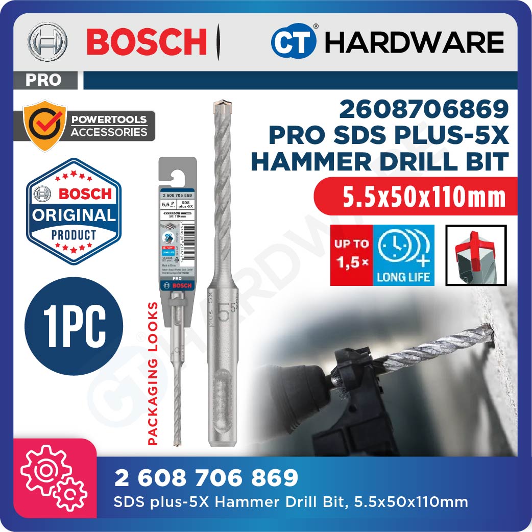 BOSCH PRO SDS Plus-5X Hammer Drill Bit Size 5mm to 13mm for Rotary Hammer Accessories 4 Flutes Concrete Drill Bit - 1PC