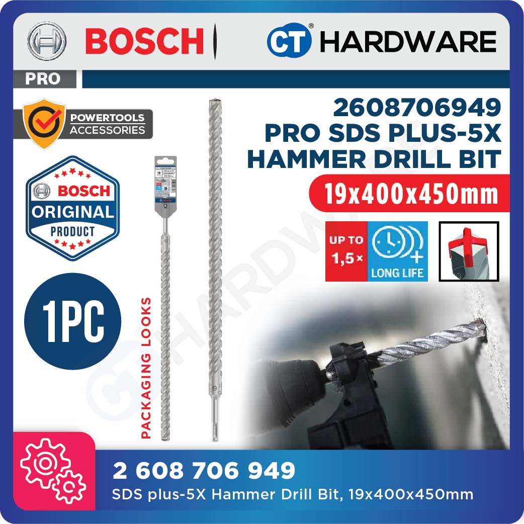 BOSCH PRO SDS Plus-5X Hammer Drill Bit Size 14mm to 26mm for Rotary Hammer Accessories 4 Flutes Concrete Drill Bit- 1PC