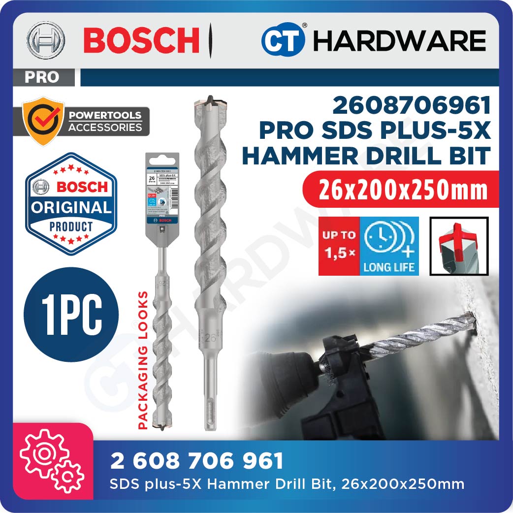 BOSCH PRO SDS Plus-5X Hammer Drill Bit Size 14mm to 26mm for Rotary Hammer Accessories 4 Flutes Concrete Drill Bit- 1PC