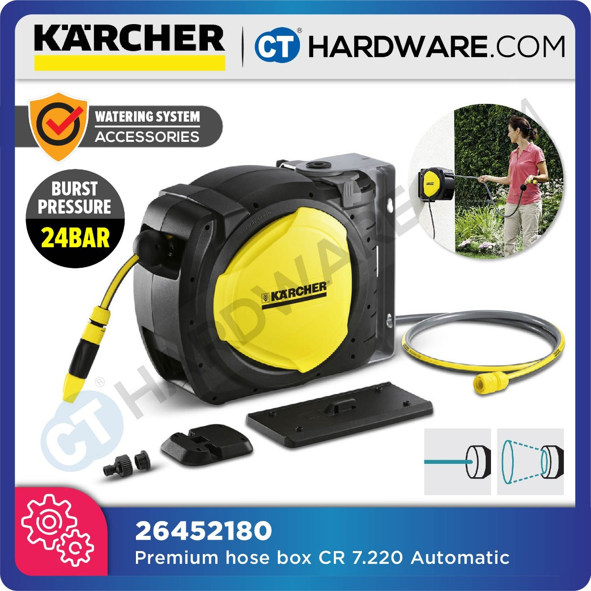 KARCHER 26452180 PREMIUM HOSE BOX CR 7.220 AUTOMATIC REEL COME WITH 20M + 2M HOSE,SPRAY NOZZLE & WALL BRACKET CR7220