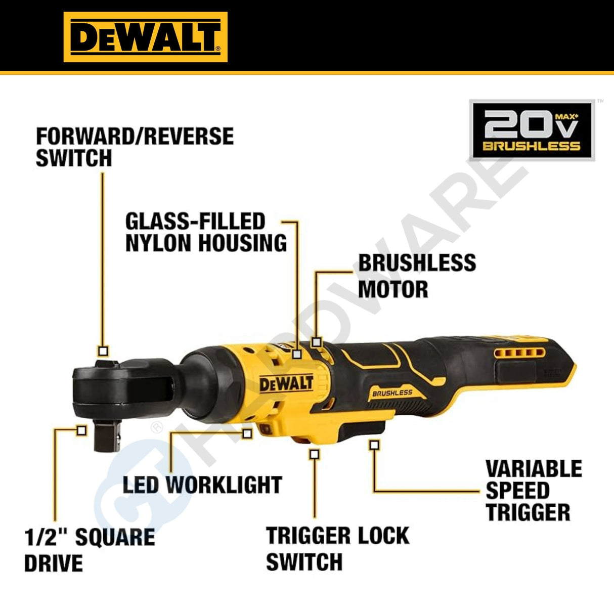 DEWALT DCF512EN-B1 20V XR Cordless Extended Open Head Ratchet Bare Unit