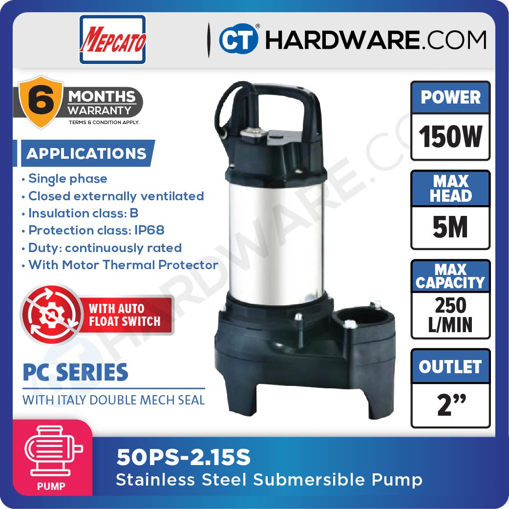 MEPCATO 50PS-2.15S STAINLESS STEEL SUBMERSIBLE PUMP 2" | 150W | 250L/MIN | 5.5M/H | NON AUTO WITH ITALY DOUBLE MECH SEAL