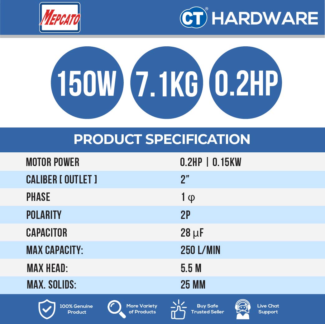 MEPCATO 50PS-2.15S STAINLESS STEEL SUBMERSIBLE PUMP 2" | 150W | 250L/MIN | 5.5M/H | NON AUTO WITH ITALY DOUBLE MECH SEAL