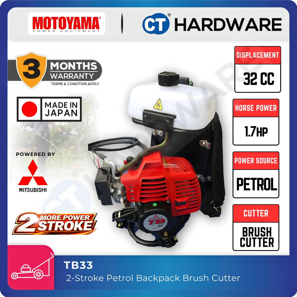 Akira / Daishin Backpack Brush Cutter 33cc 2-Stroke c/w Mitsubishi TB33 Engine (Made in Japan)
