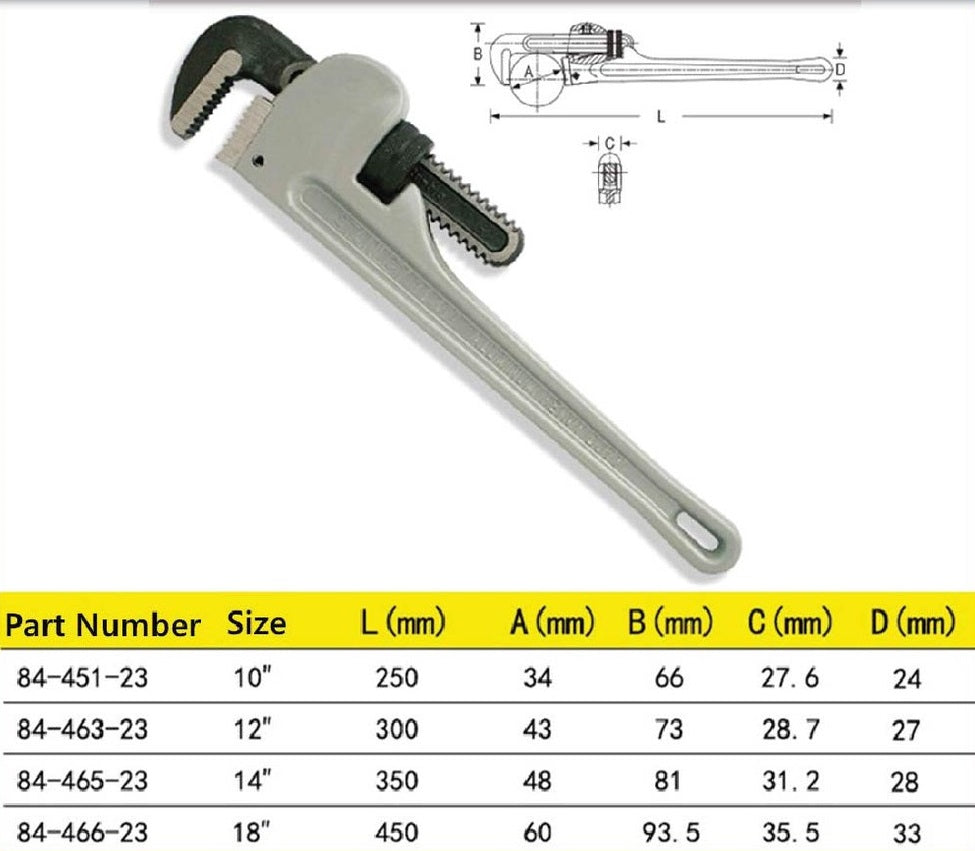 STANLEY ALUMINIUM PIPE WRENCH SIZE: 10" / 12" / 14" / 18"