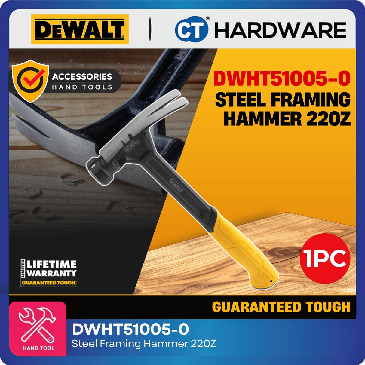 DEWALT DWHT51005-0 22oz Steel Framing Hammer | One-Piece Steel Rip Claw Hammer with Magnetic Nail Starter