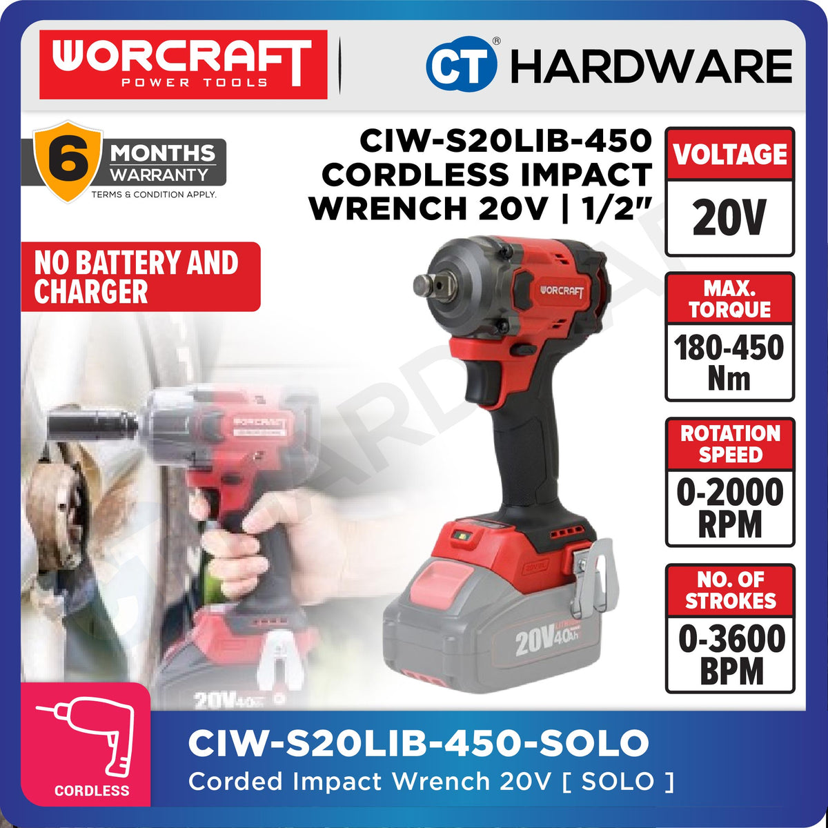 Worcraft CIW-S20LiB-450 20V Cordless Brushless Impact Wrench 1/2" 450Nm