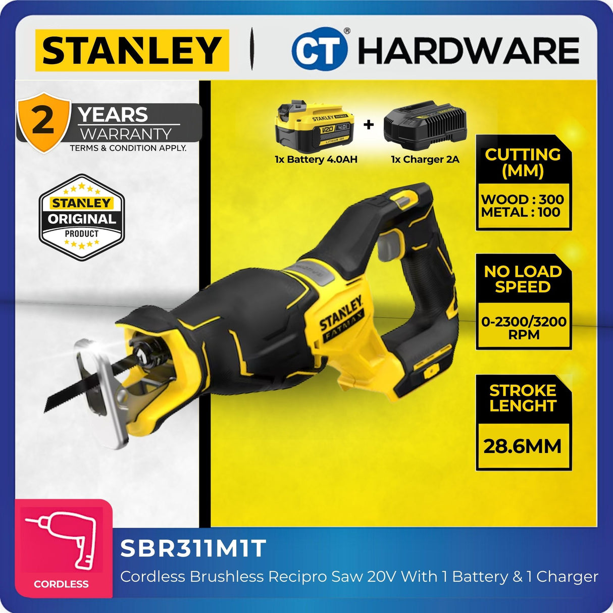 Stanley SBR311M1T Cordless Brushless Reciprocating Saw 20V 4.0Ah 2300–3200SPM C/W Battery & Charger