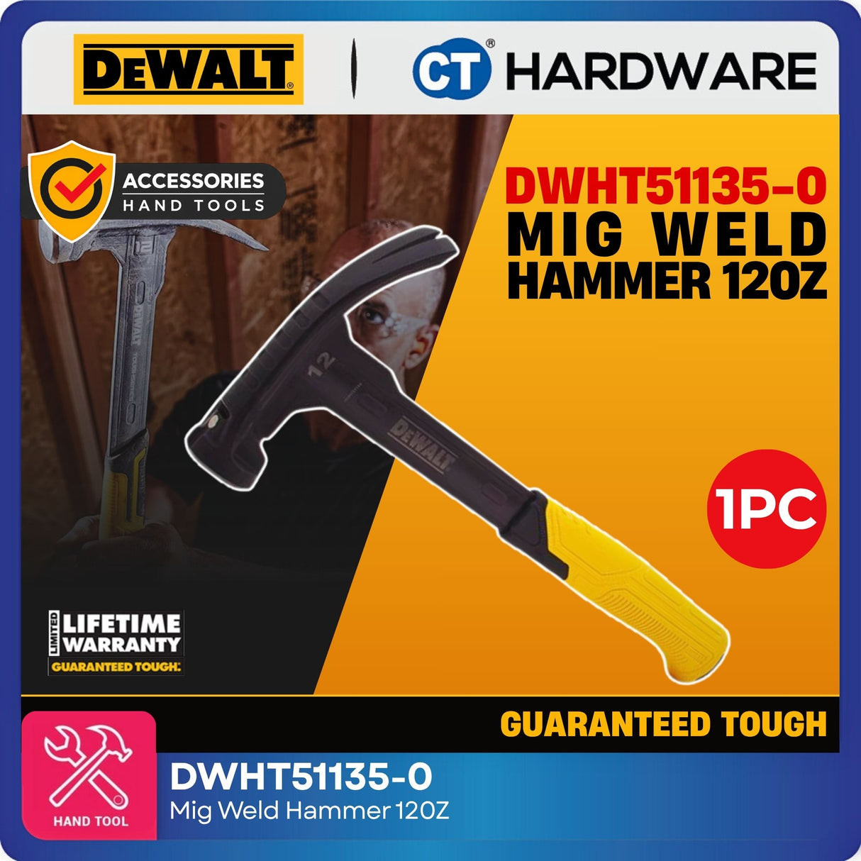 DEWALT DWHT51135-0 TOUGHSERIES™ 12oz MIG Weld Hammer | Smooth Face Steel Hammer with Magnetic Nail Starter
