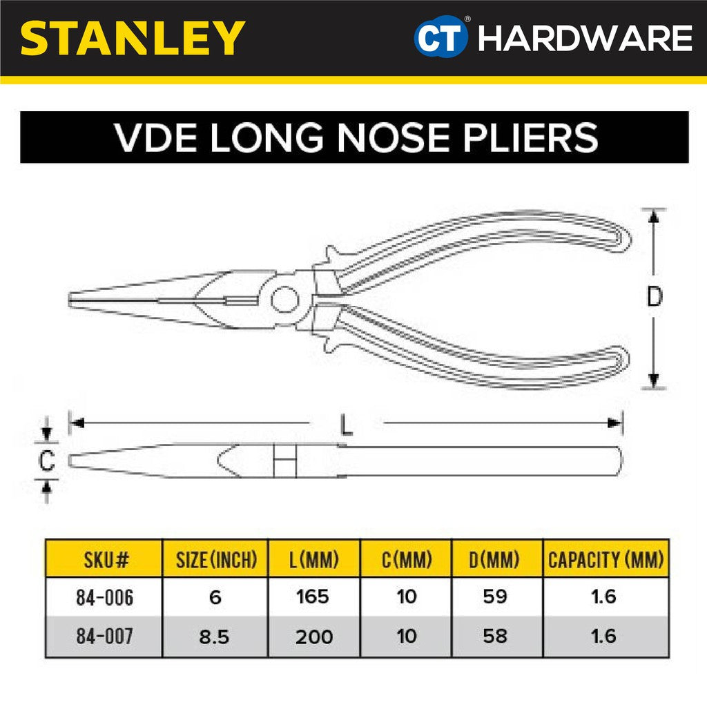 STANLEY 84006 / 84007 VDE LONG NOSE PLIERS 6" / 8"
