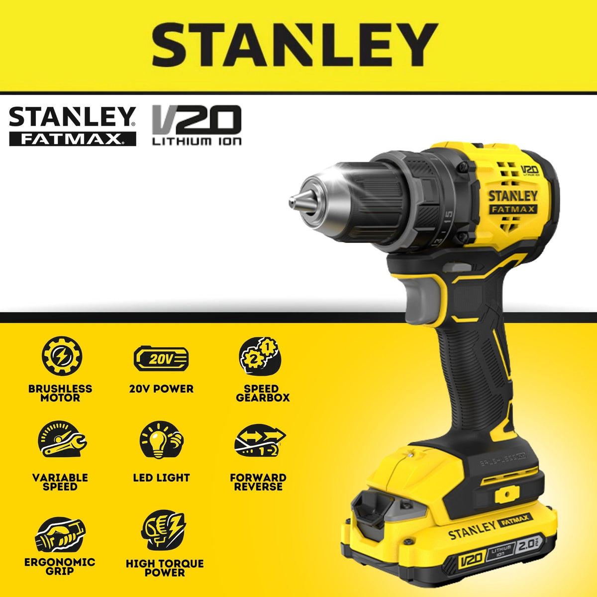 Stanley SBD714D2T Cordless Brushless Drill Driver 20V c/w 2x Battery & Charger