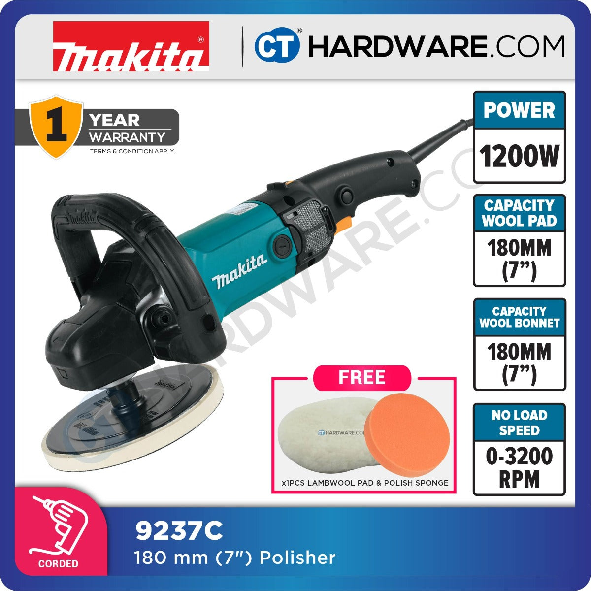 Makita 9237C Polisher 7" 180mm 1200W With Speed Control