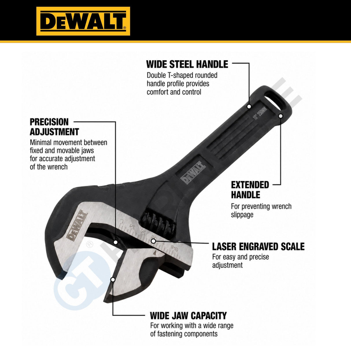 DEWALT DWHT80268 10" All-Steel Adjustable Wrench | 250mm Heavy-Duty Adjustable Spanner