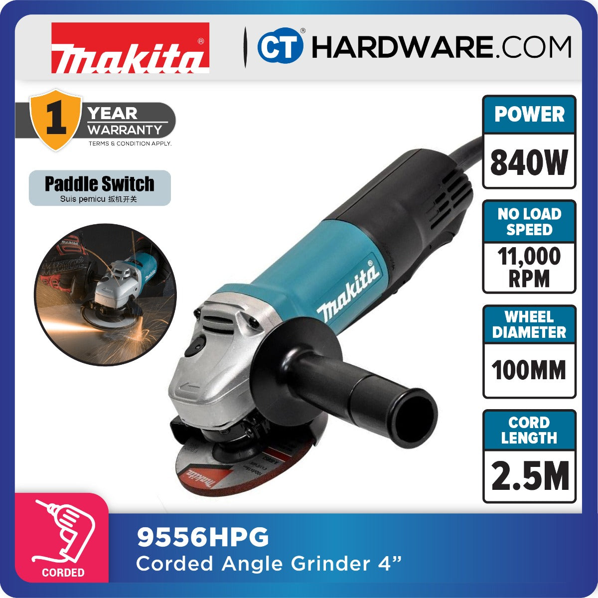 Makita 9556HPG Angle Grinder 4" 100mm 840W (Paddle Switch)