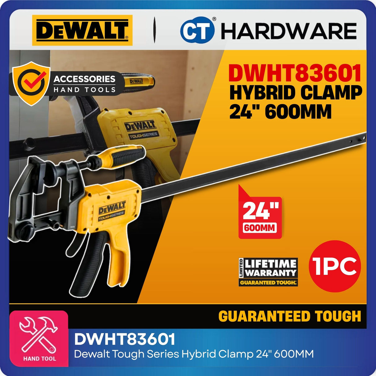 DEWALT DWHT83601 TOUGHSERIES™ 24" Hybrid Clamp | Heavy-Duty Trigger & Screw Bar Clamp | 825 lbs Clamping Force