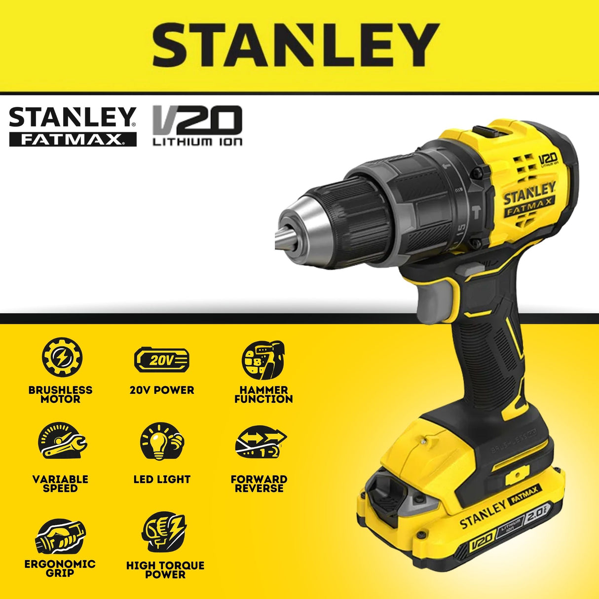 Stanley SBD716D2T 20V Cordless Brushless Hammer Drill C/W 2PCS Battery & 1 Charger (SBD715D2K)