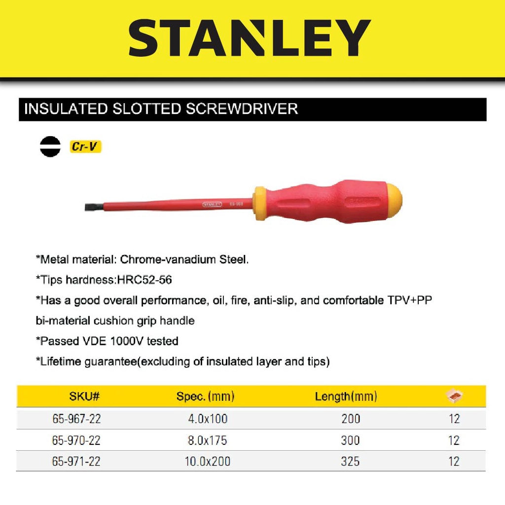 STANLEY (1PC) 1000V STANDARD TIP SLOTTED SCREWDRIVER VDE ELECTRICAL SCREWDRIVER ELECTRICIAN HAND TOOL