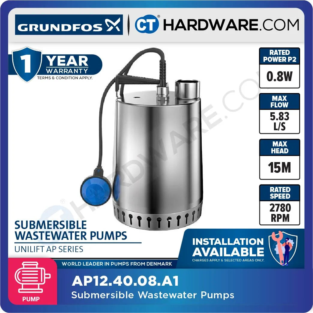 Grundfos UNILIFT AP124008A1 Stainless Steel Submersible Drainage Pump with Float Switch 0.8kW