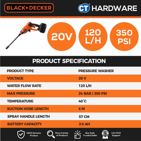 BLACK+DECKER BCPC20D1 Cordless Pressure Washer 20V c/w 1x 2.0AH Battery & Charger