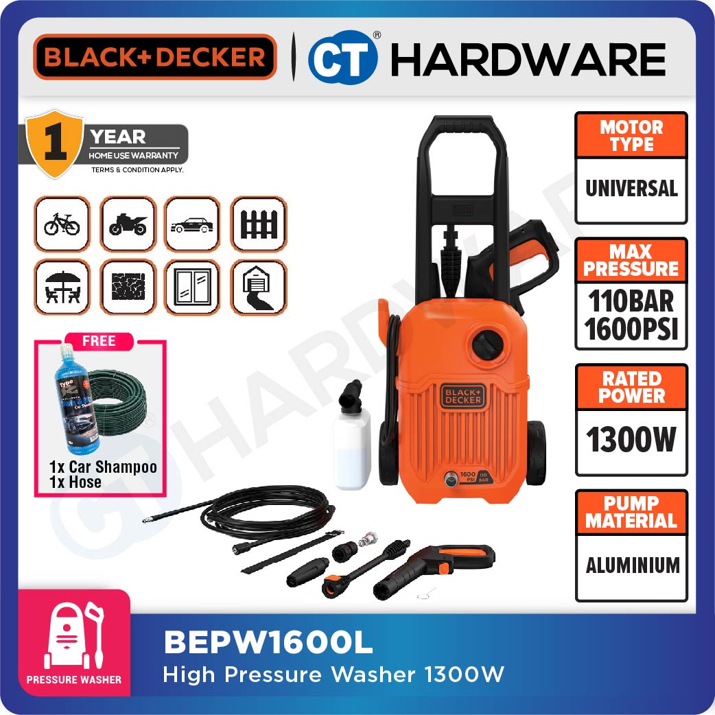 BLACK+DECKER BEPW1600L High Pressure Washer 110 Bar 1300W (Replacing Waterjet Model BW14)