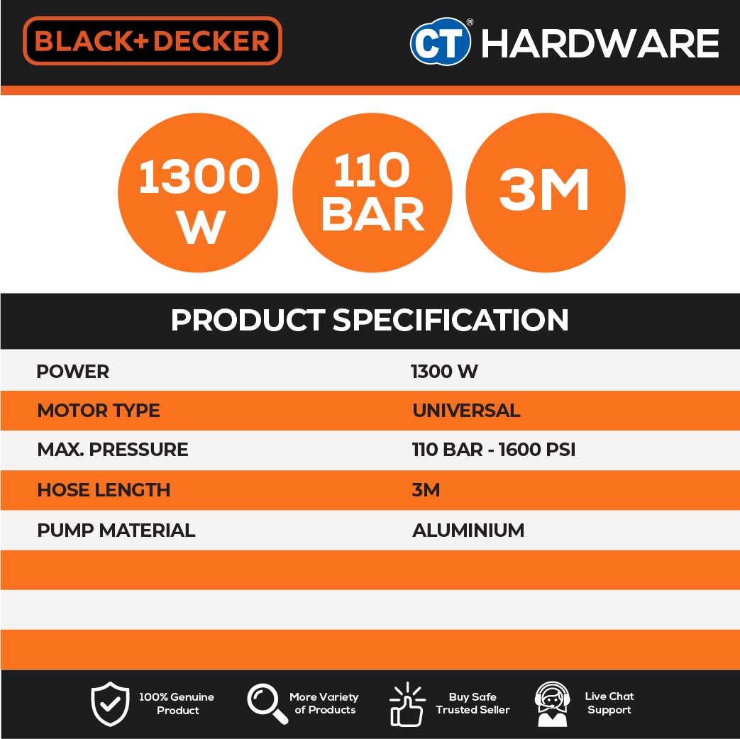 BLACK+DECKER BEPW1600L High Pressure Washer 110 Bar 1300W (Replacing Waterjet Model BW14)