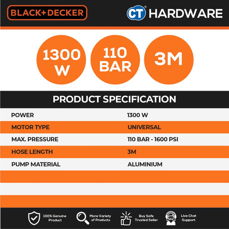 BLACK+DECKER BEPW1600L High Pressure Washer 110 Bar 1300W (Replacing Waterjet Model BW14)