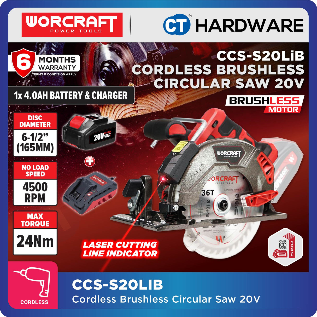 Worcraft CCS-S20LIB Cordless Brushless Circular Saw 20V | 6-1/2" 165MM