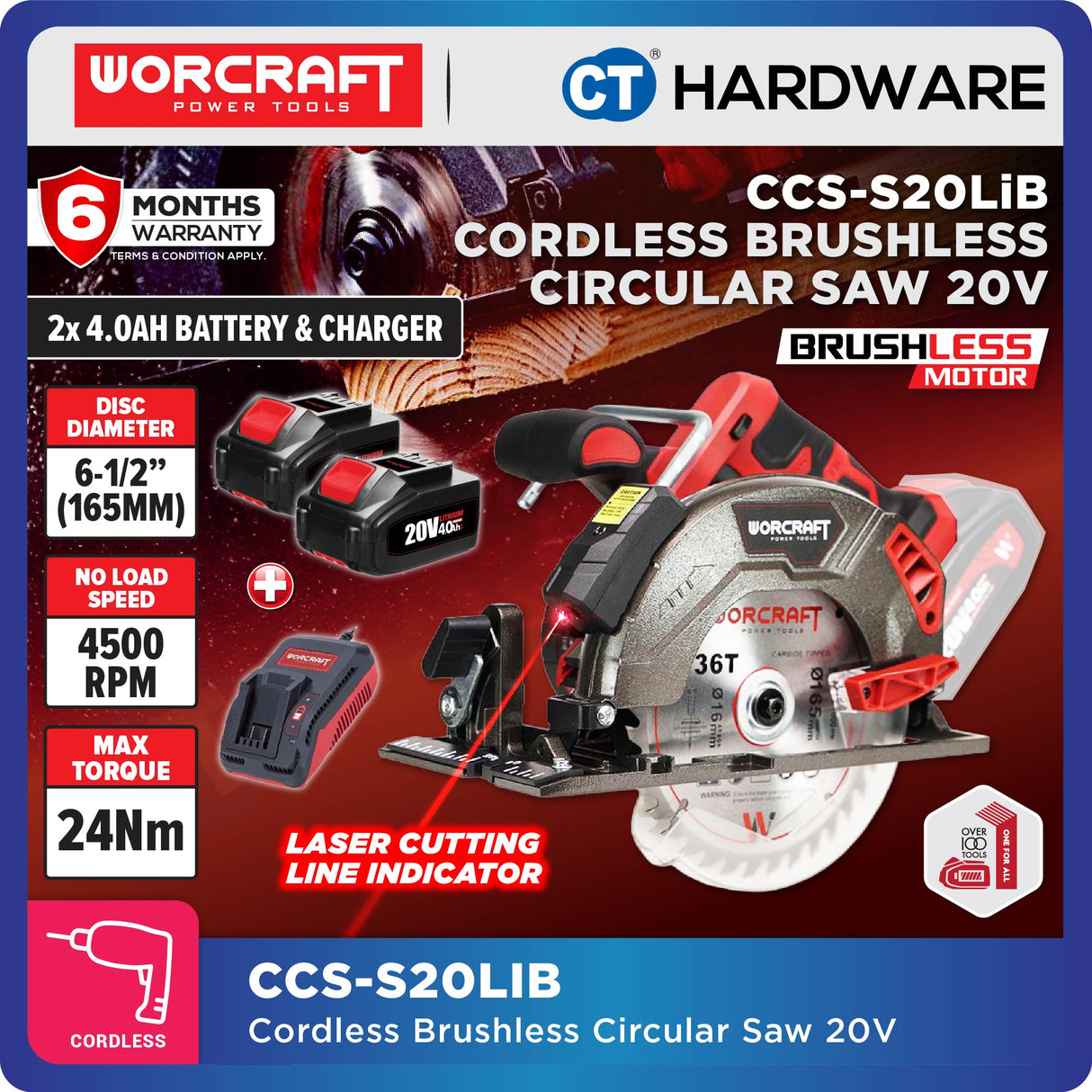 Worcraft CCS-S20LIB Cordless Brushless Circular Saw 20V | 6-1/2" 165MM