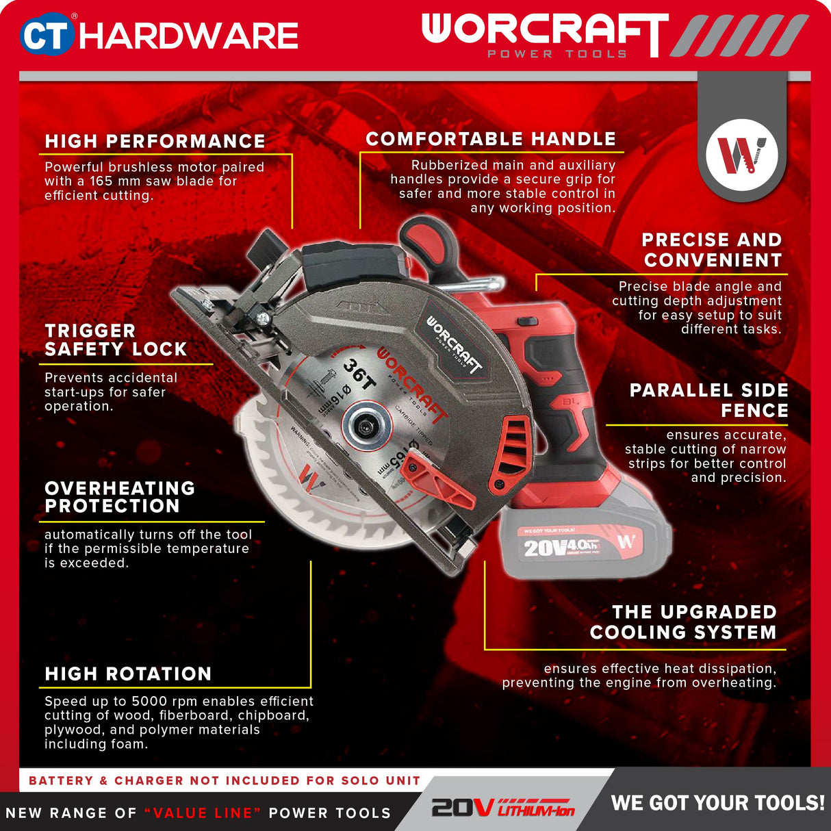 Worcraft CCS-S20LIB Cordless Brushless Circular Saw 20V | 6-1/2" 165MM