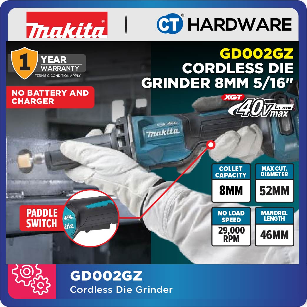 MAKITA GD002GZ CORDLESS DIE GRINDER 40V | 8MM | 5/16" WITHOUT BATTERY AND CHARGER - 1PC