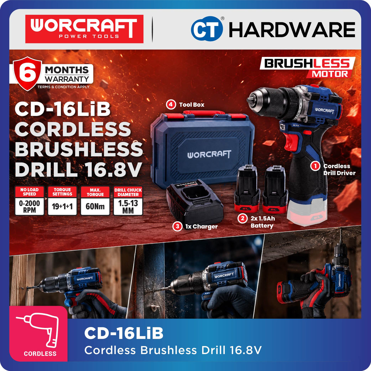 WORCRAFT CD16LIB CORDLESS BRUSHLESS DRILL 16.8V 50NM COME WITH 2x BATTERY 1.5AH & 1PC CHARGER