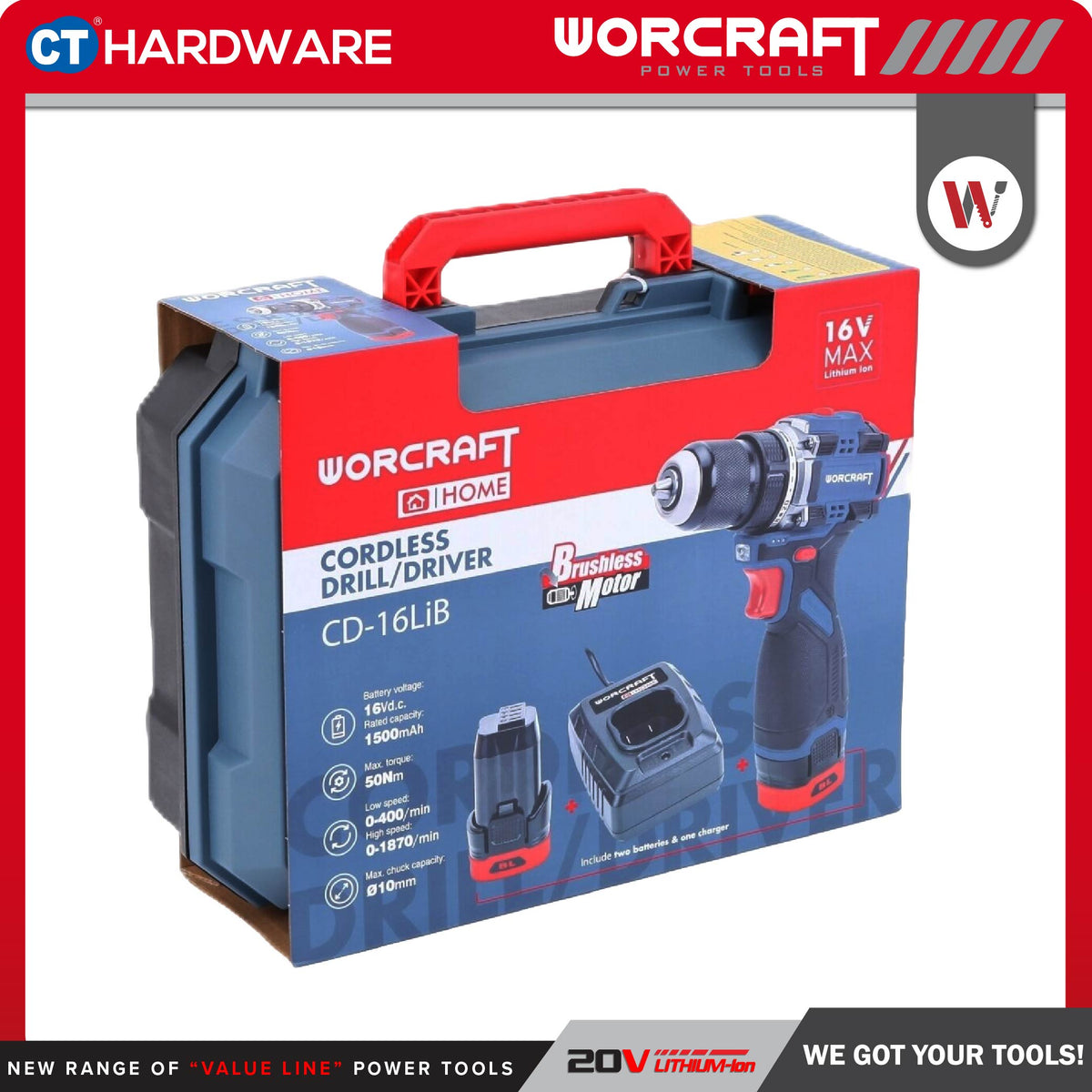 WORCRAFT CD16LIB CORDLESS BRUSHLESS DRILL 16.8V 50NM COME WITH 2x BATTERY 1.5AH & 1PC CHARGER