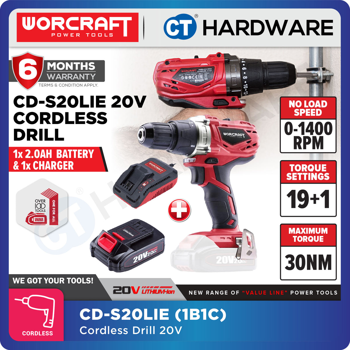 Worcraft CD-S20LiE 20V Cordless Drill Combo c/w 1x 2.0Ah Battery & Charger